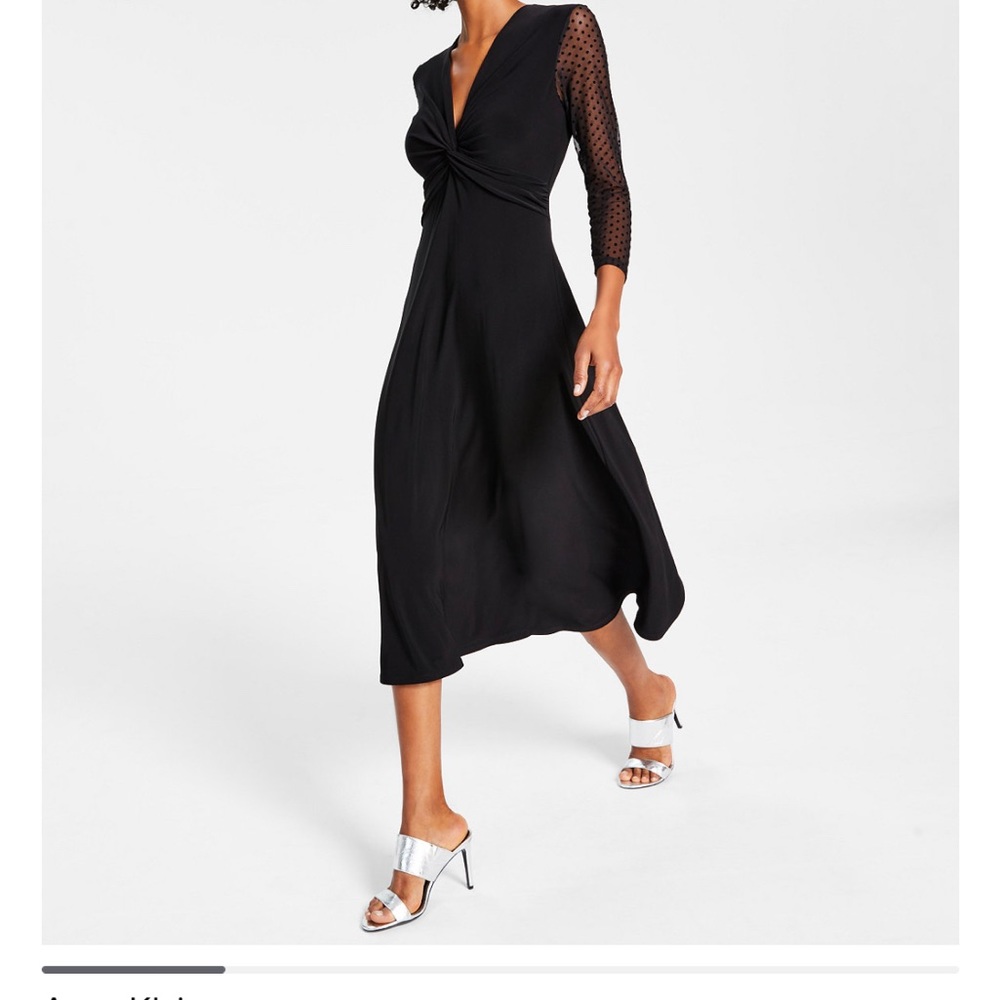 NWT Anne Klein Sheer-Sleeve Midi Dress in Black